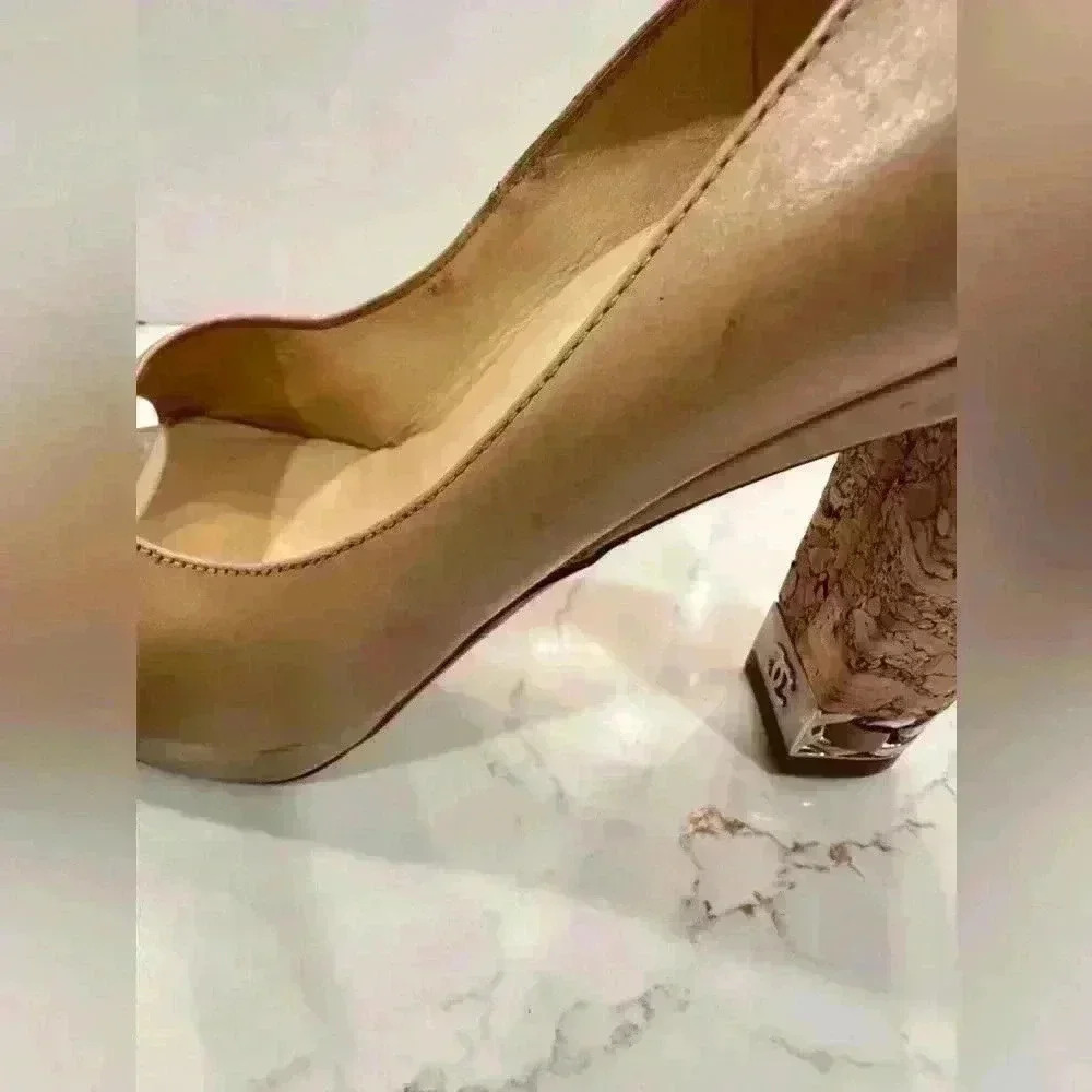 CHANEL Vintage Beige Leather Peep Toe Platform Cork Chain Pumps (Size 39 1/2) - Picture 16 of 16
